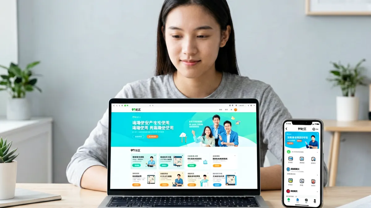 一位年轻用户坐在书桌前同时打开电脑网页和手机客户端，屏幕上显示91社区不同入口的界面布局对比，背景是简洁的浅灰色桌面环境