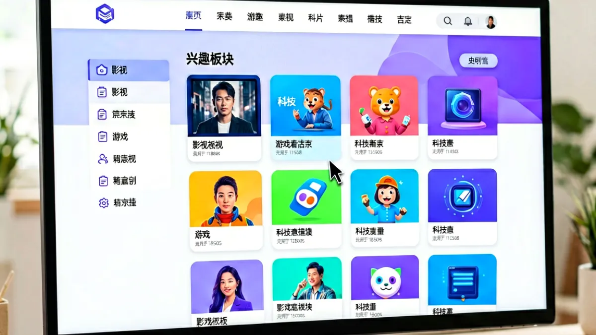 电脑屏幕显示91社区首页界面，多个彩色板块图标整齐排列，左侧导航栏清晰可见，用户正在鼠标点击进入某个兴趣板块