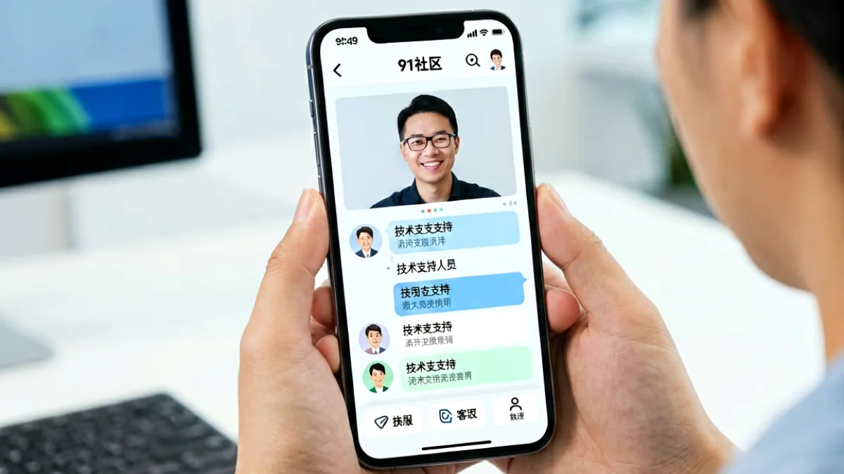 用户通过在线客服系统与91社区技术支持人员沟通问题解决方案的场景
